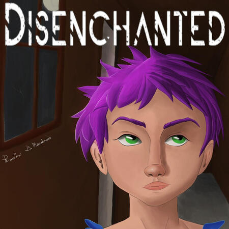 A painting of the face of a girl with purple hair, the inside of an old house is in the background with the word "Disenchanted"