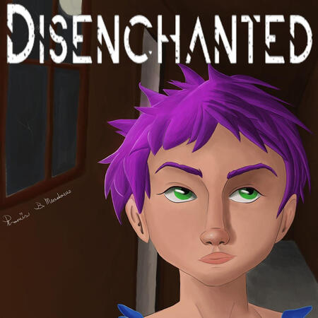 A painting of the face of a girl with purple hair, the inside of an old house is in the background with the word "Disenchanted"